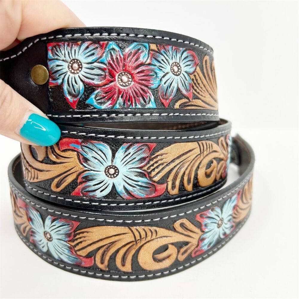 Challenger Western Tooled Brown Leather Purse Strap Floral Detachable Crossbody